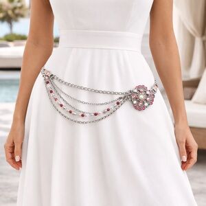 Vintage European shades of Pink Crystal Silver Chain Belt adjustable